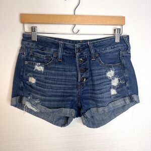 Abercrombie Fitch Medium Wash Distressed Button Front Cuffed Blue Jean Shorts 25